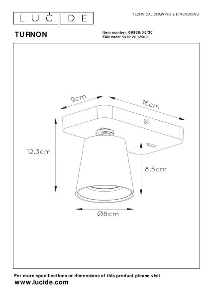 Lucide TURNON - Bedlamp - LED Dim to warm - GU10 - 1x5W 2200K/3000K - Zwart - technisch